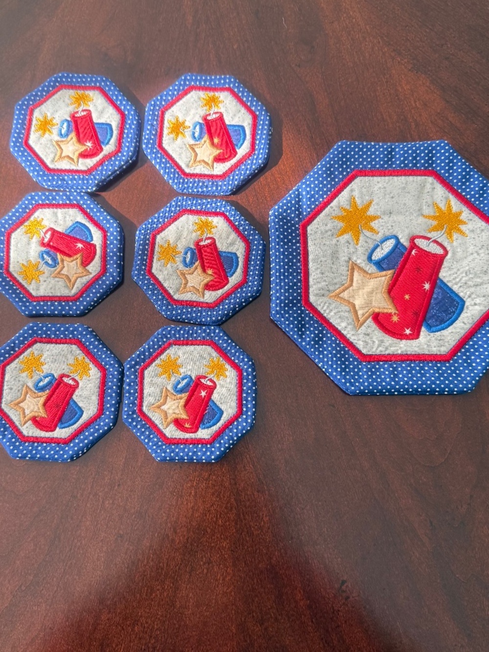 Set of Seven Embroidered Patriotic Coasters, Fireworks design, Cotton Fabric